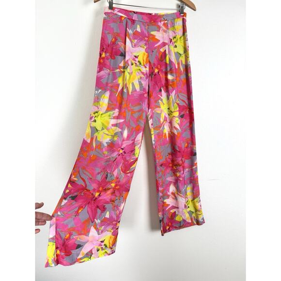 Trina Turk Wide Leg Pants Pleated Floral Pink Allover Print 4 XS - Picture 1 of 12